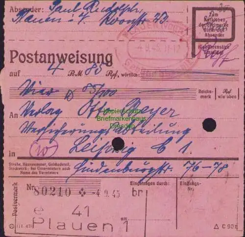 B16396 Gebühr bezahlt 1945 Postanweisung 41 Plauen 1e Nummerator 4.9.45 nach Lei