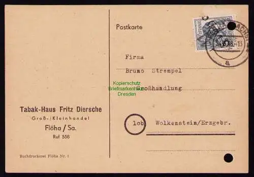 h7192 SBZ Handstempel Bezirk  41 Postkarte Flöha Aktenlochung, auch durch Marke