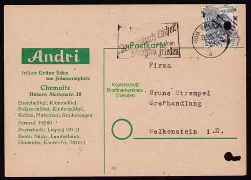 h7190 SBZ Handstempel Bezirk  41 Postkarte Chemnitz