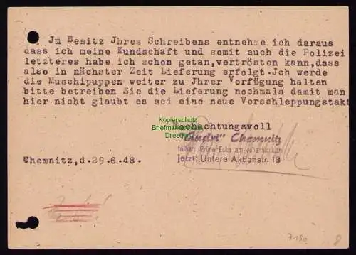 h7190 SBZ Handstempel Bezirk  41 Postkarte Chemnitz