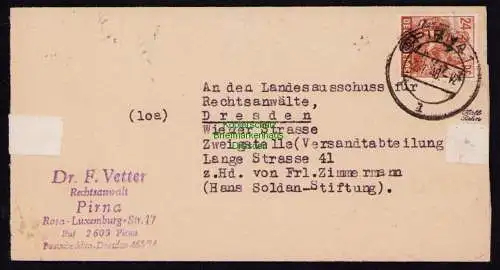 H7067 SBZ Handstempel Bezirk  14 Brief Pirna gepr. BPP