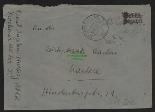 B10419 Brief BAZ Gebühr bezahlt 1945 Stolberg Rheinland nach Aachen