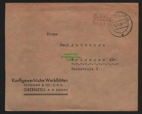 B10413 Brief BAZ Gebühr bezahlt 1946 Obernzell a. d. Donau nach Erlangen MFr.