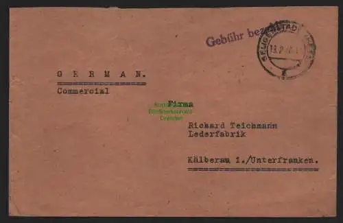 B10550 Brief BAZ Gebühr bezahlt 1945 Seligenstadt nach Kälberau