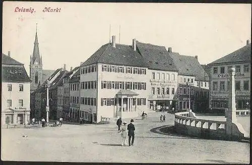 23674 AK Leisnig Markt Löwen Apotheke Buchbinderei Buchdruckerei , gelaufen 1914