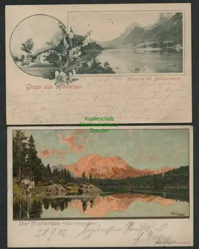 139156 2 AK Hintersee mit Mühlsturzhorn Gasthaus 1897 Litho Künstlerkarte Otto