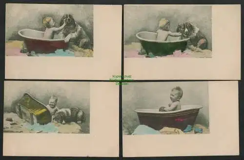 139115 4 AK Künstlerkarte Kind mit Hund in Badewanne Serie 188 um 1900