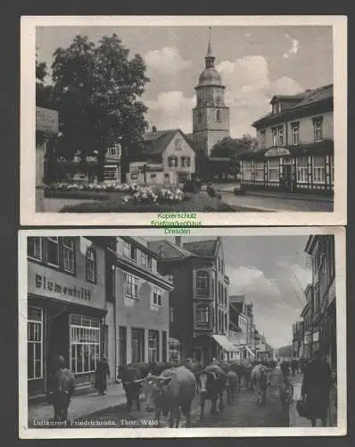 138387 2 AK Friedrichroda An der Kirche 1954 Geschäft Blumentritt Kühe Viehtrieb