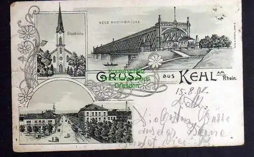 129864 AK Kehl am Rhein 1907 Litho Neue Rheinbrücke Stadtkirche