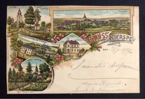 127231 AK Kierspe Westfahlen Litho 1897 Hotel Berliner Hof Post Kirche Krieger