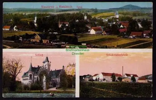 162343 Ansichtskarte Neukirch an der Katzbach um 1920 Bahnhof Schloß Schokoladenfabrik