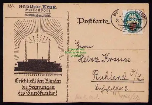 B19017 Postkarte DR Deutsches Reich 1927 Seitendorf Waldenburg Blinde Rundfunk