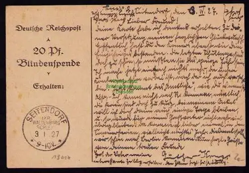 B19017 Postkarte DR Deutsches Reich 1927 Seitendorf Waldenburg Blinde Rundfunk