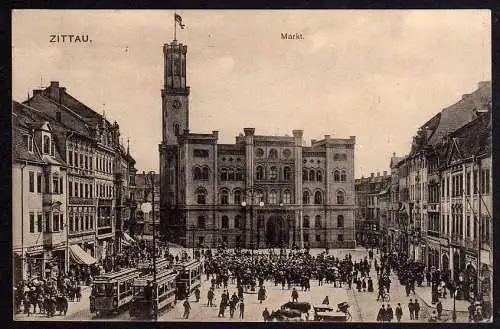 66504 Ansichtskarte Zittau 1917 Feldpost Markt Straßenbahn