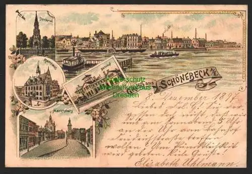 146473 AK Litho Schönebeck a. Elbe Denkmal Rathaus Bahnhof Markt 1897