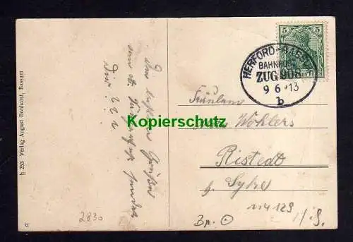 114129 AK Bassum Gesamtansicht 1913 Straße Kirche Bahnpost Herford - Bassum Zug