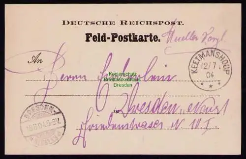 B18994 Postkarte DSW Afrika Deutsch Südwest 1904 Feldpost Keetmanshoop Dresden