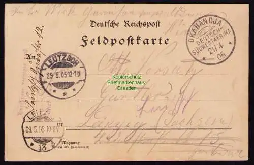 B18995 Postkarte DSW Afrika Deutsch Südwest 1905 Feldpost Okahandja nach Leipzig