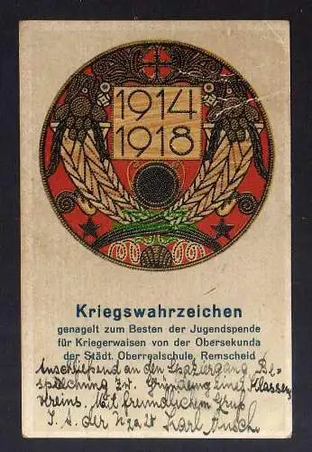 126499 Ansichtskarte Remscheid 1920 Kriegswahrzeichen Jugendspende Obersekunda