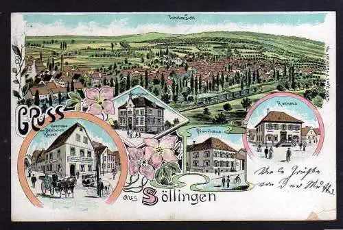 95929 AK Söllingen Pfinztal b. Durlach 1913 Litho Gasthaus Schule Rathaus Pfarre