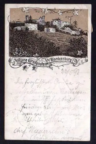 95213 AK Ruine Greifenstein b. Blankenburg Thüringen Vorläufer 1893