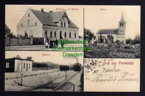 117925 AK Perwenitz um 1910 Bahnhof Kirche Kaufhaus Schulze