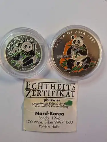 B50184 Korea Panda 100 Won 1996 + 500 Won  1995 Silber 999