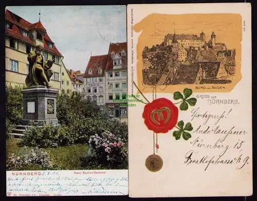 172508 2 Ansichtskarte  Nürnberg 1903 Hans-Sachs Denkmal Burg von Süden