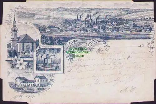 171526 AK Zwönitz Federlitho um 1895 Bahnhof Kirche Kriegerdenkmal