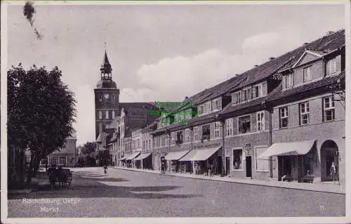 161459 Ansichtskarte Bischofsburg Ostpr. Markt 1936 Kirche Markt Apotheke Drogenhandlung