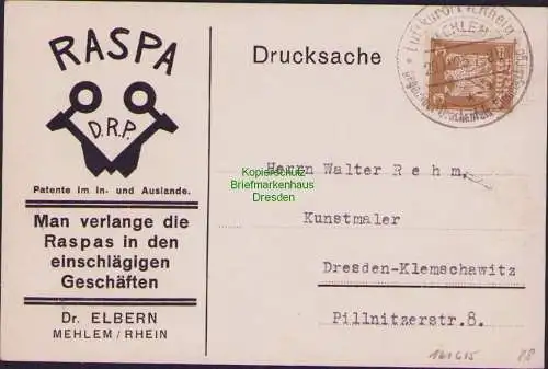 161615 AK Mehlem Rhein 1925 RASPA Dr. Elbern Maler Werbung an Walter Rehm