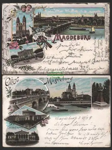 154148 2 AK Litho Magdeburg 1898 Bahnhof Dom Elbbrücke Zollbrücke Herrenkrug