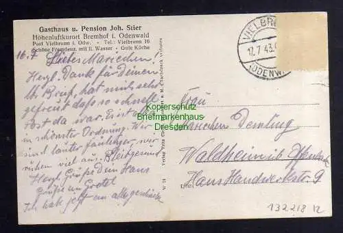 132218 AK Bremhof Vielbrunn Michelstadt Odenwald Gasthaus Pension Stier 1943