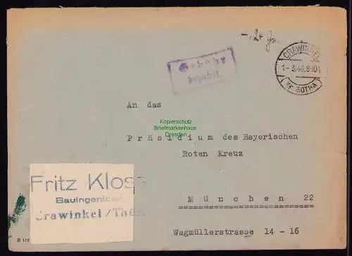 B19258 SBZ Brief Gebühr bezahlt Crawinkel Kr. Gotha 1946 an DRK in München