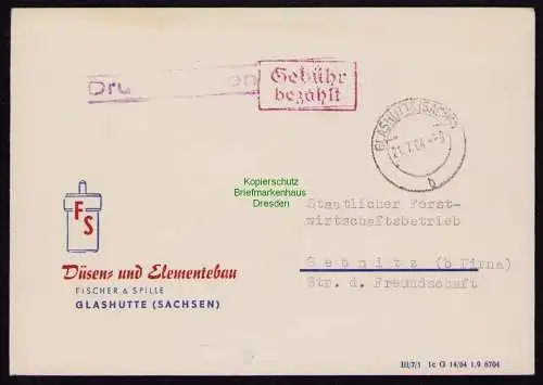 B19281 DDR Brief Gebühr bezahlt Glashütte 1964 Drucksache Düsen und Elementebau