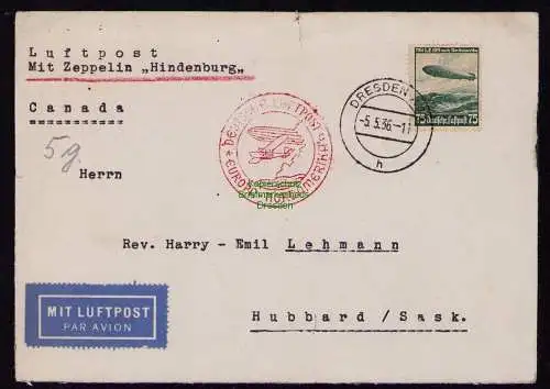 B18953 Brief DR Deutsches Reich 607 EF 1936 Zeppelin Hindenburg Dresden Canada