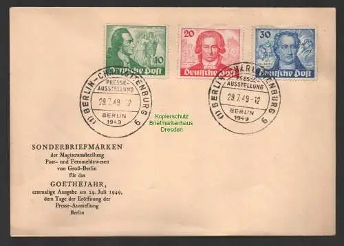 B10198 Berlin West amtlicher FDC 61-63 200. Geburtstag Wolfgang von Goethe 1949