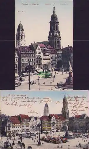 160985 2 AK Dresden 1910 Altmarkt Kreuzkirche Sieges-Denkmal Rathaus-Turm