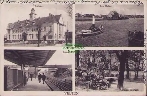 157197 AK Velten 1930 Bahnhof Rathaus Hafen Anlagen im Park Verlag Goldiner