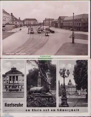 152460 2 AK Karlsruhe Bahnhofsplatz 1941 Fotokarte Rathaus Schlo? Hirsch Denkmal