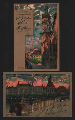 151000 2 AK Leipzig 1901 Litho Künstlerkarte Nicolai Kirche Universität Pauliner