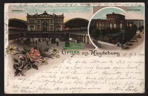 150996 AK Magdeburg 1900 Litho Bahnhof Stadttheater