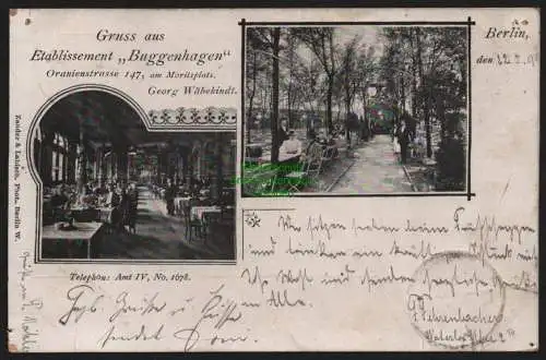 150805 AK Berlin 1899 Etablissement Buggenhagen Oranienstraße 147 am Moritzplatz