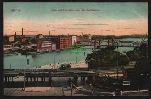 148701 Ansichtskarte Stettin 1911 Hafen mit Eisenbahn- und Bahnhofsbrücke