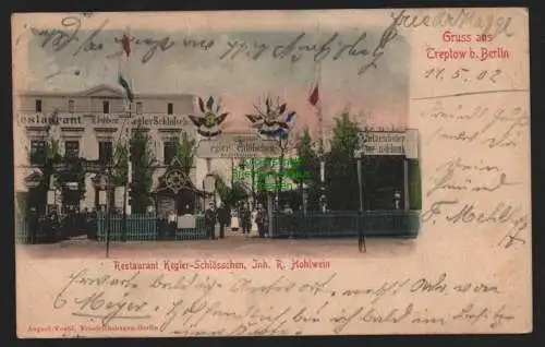 147718 Ansichtskarte Treptow bei Berlin 1902 Restaurant Kegler Schlösschen R. Hohlwein