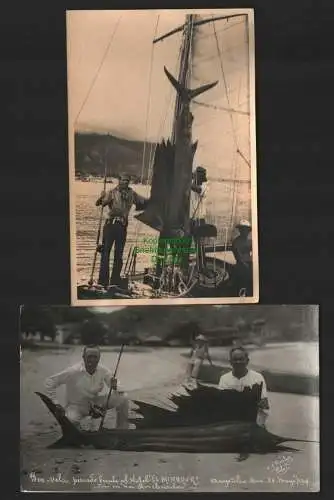 145389 2 Ansichtskarte Fotokarte Mexiko Angeln Fischfang 1934 Marlin Schwertfisch 1935