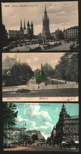 144037 3 Ansichtskarte Halle Saale Marktplatz Marktttag Händler Marienkirche 1908 Theater