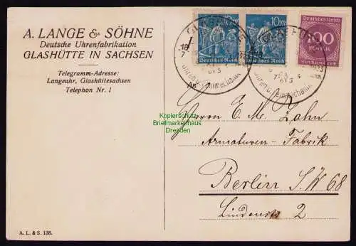 B19284 Postkarte A. Lange & Söhne Glashütte in Sachsen 1923 Deutsche Uhrenfabrik