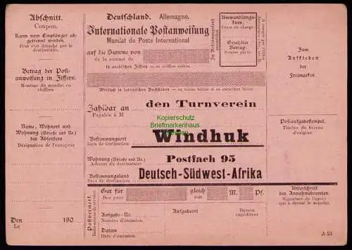 B19291 DSWA Deutsch Südwstafrika um 1910 an den Turnverein Windhuk Blanko bedru