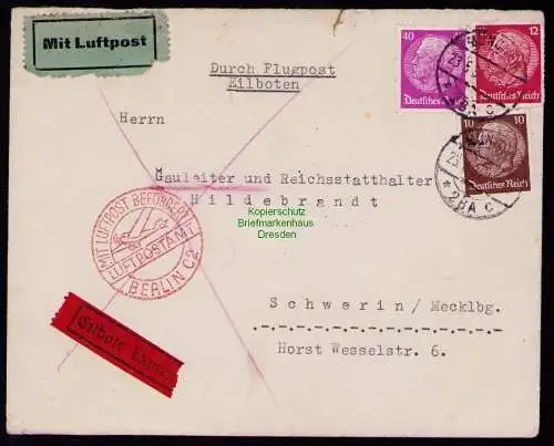 B19246 DR Brief Deutsches Reich München Flugpost Eilboren nach Schwerin 1934